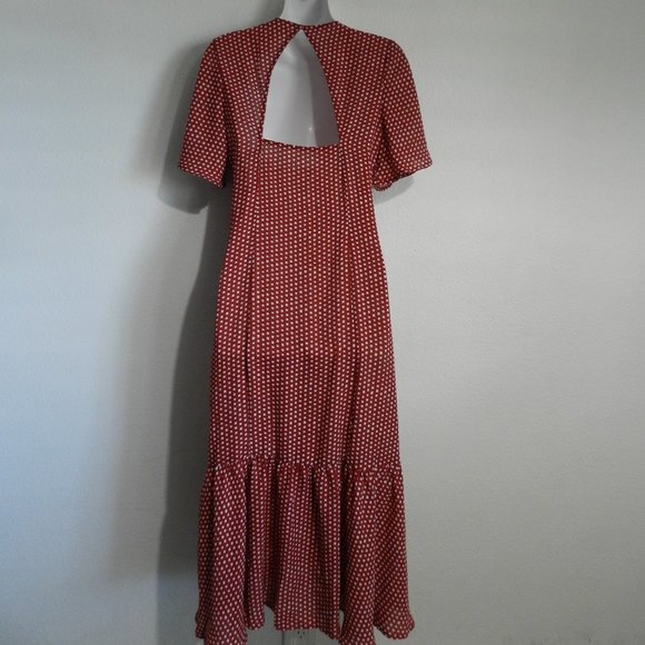 Superfoxx button down, flutter sleeve, open back, red and cream polka dot maxi - Picture 5 of 8